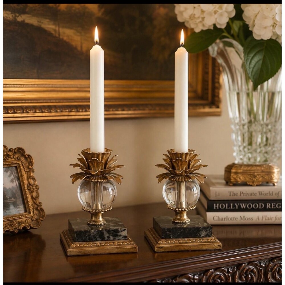 Vintage Dilly Mfg Crystal Marble Candlesticks Pair Hollywood Regency